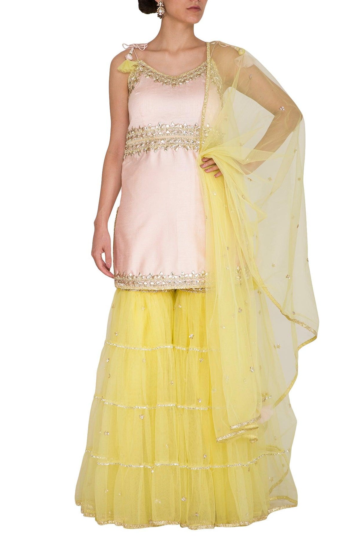 Soft Pink & Yellow Embroidered Gharara Set - Preeti s kapoor