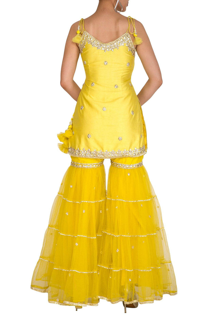 Yellow Short Kurta In Dupion Base Embroidered Gharara Set - Preeti s kapoor