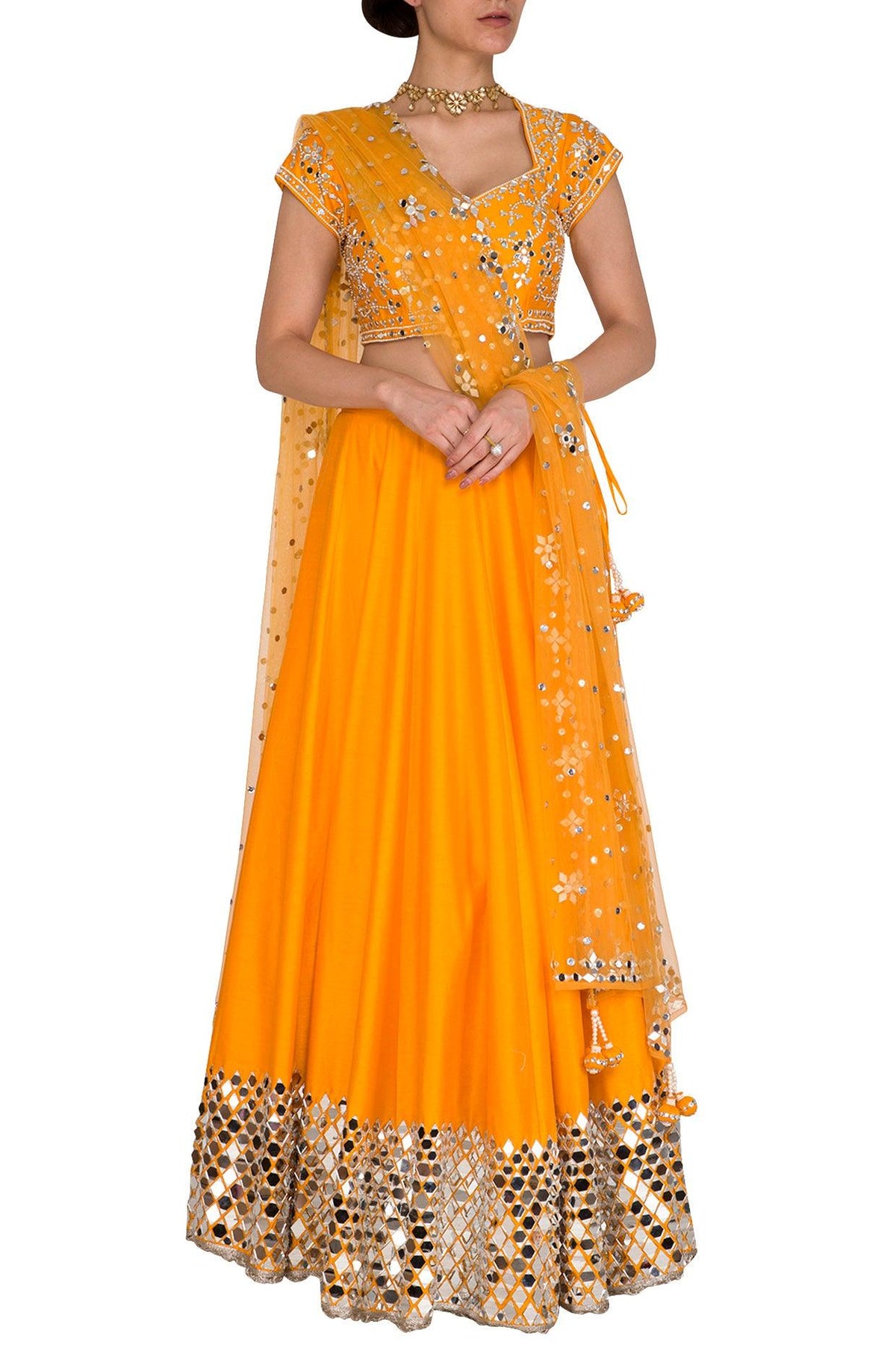 Orange Mirror Embroidered Lehenga Set