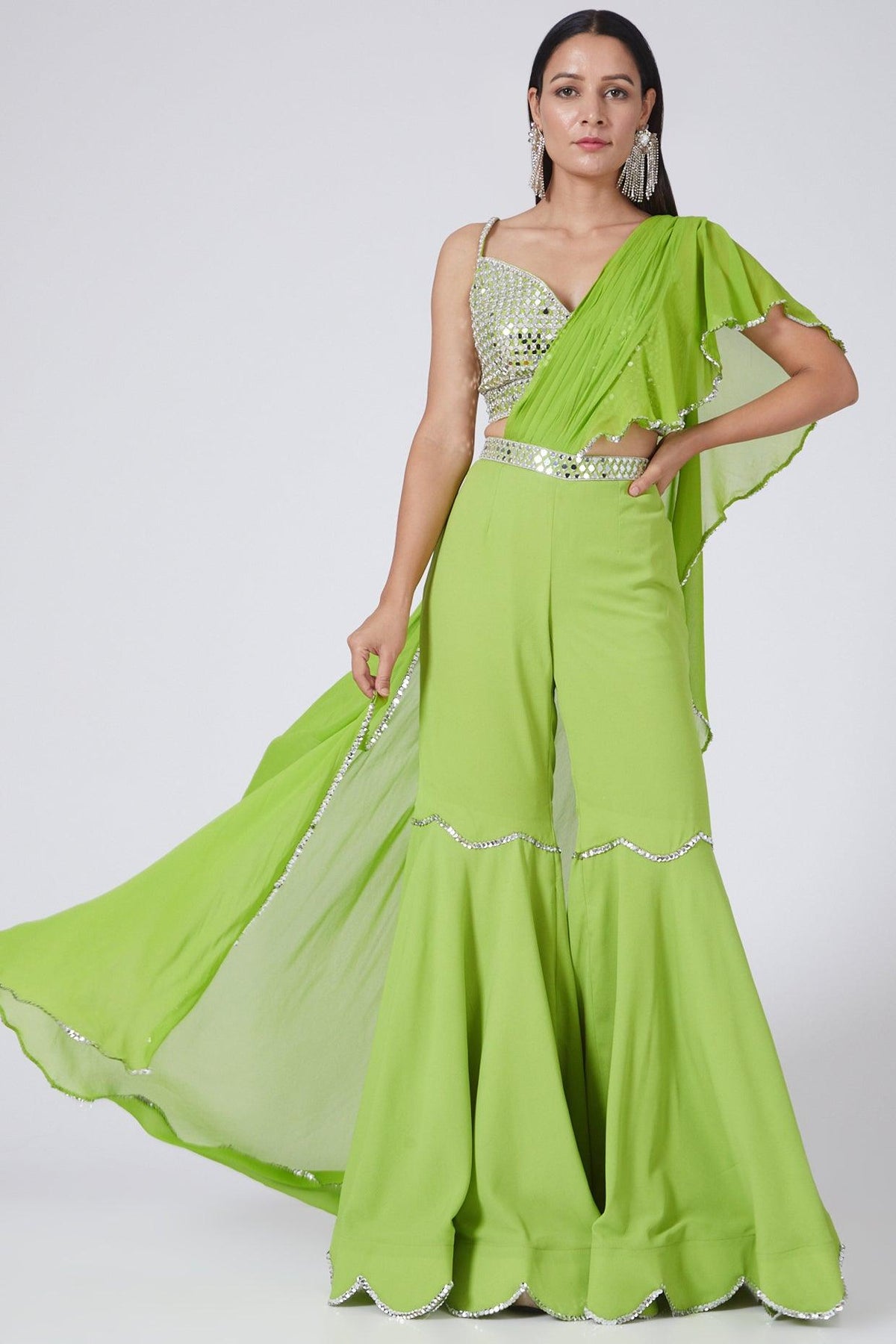 Lime Green Embroidered Draped Gharara Set - Preeti s kapoor