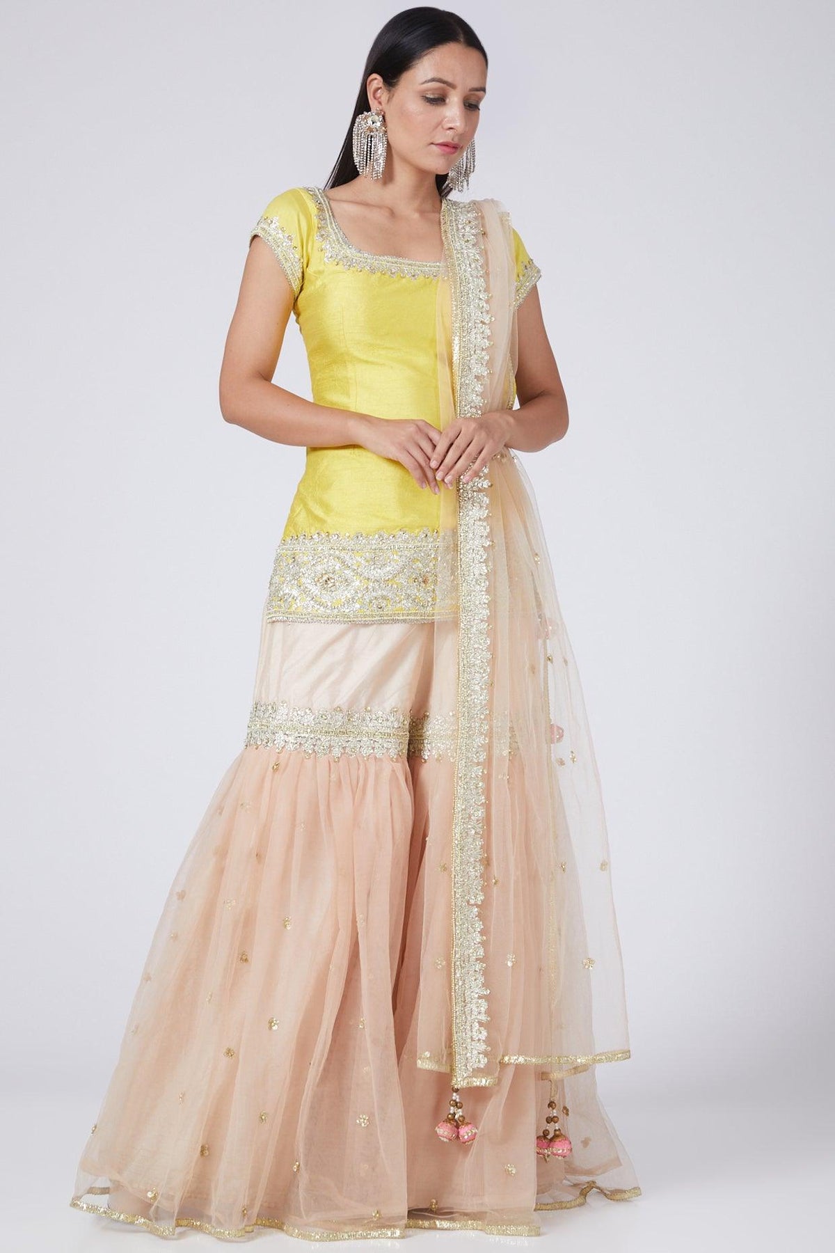 Yellow & Nude Pink Embroidered Gharara Set - Preeti s kapoor