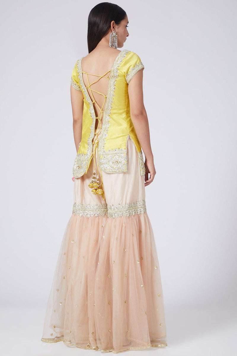 Yellow & Nude Pink Embroidered Gharara Set - Preeti s kapoor