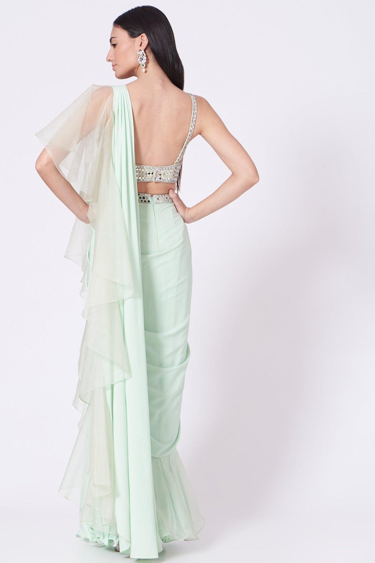 Mint Green Embroidered Draped Saree Set - Preeti s kapoor