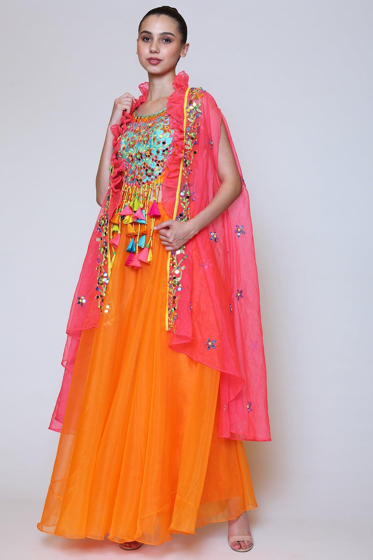 Orange Sharara Set With Cape