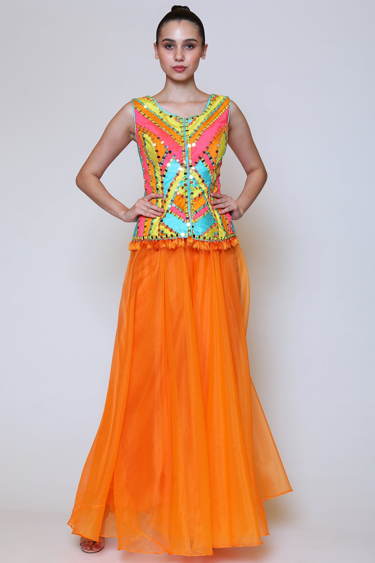 Orange Sharara Set With Resham And Mirror Work