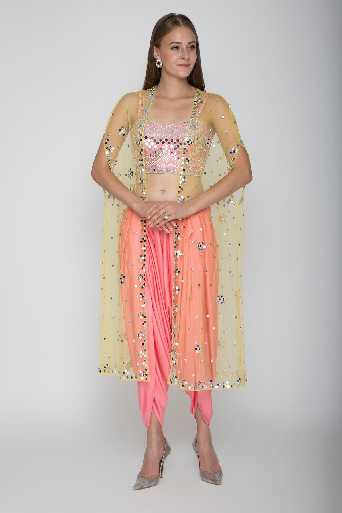 Blush Pink Embroidered Blouse With Dhoti Pants & Net Cape