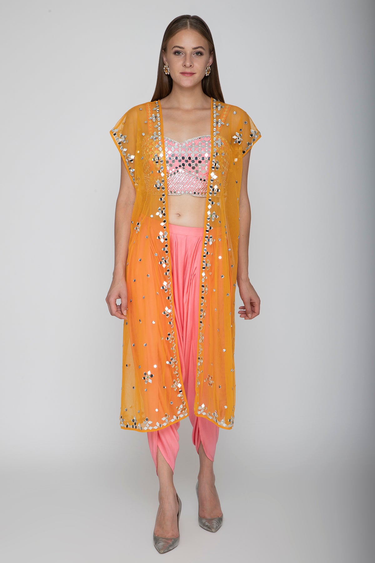 Blush Pink Embroidered Blouse With Dhoti Pants & Orange Cape