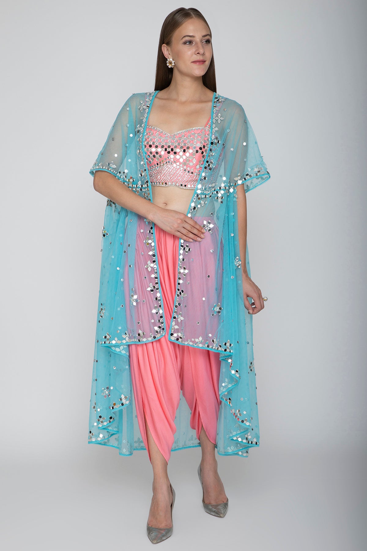 Blush Pink Embroidered Blouse With Dhoti Pants & Sky Blue Cape