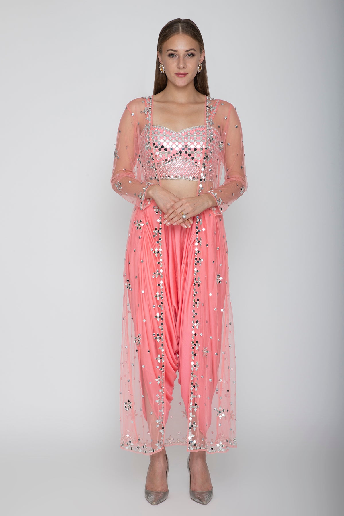 Blush Pink Embroidered Blouse With Dhoti Pants & Cape