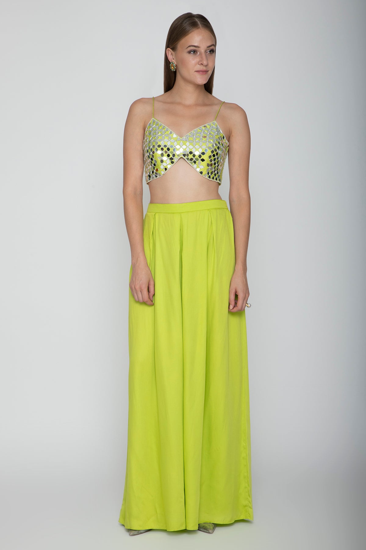 Lime Green Embroidered Blouse With Palazzo Pants & Cape