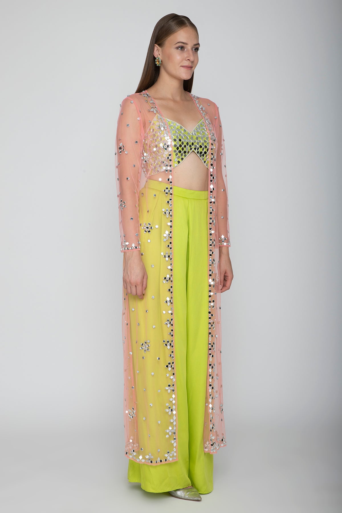 Lime Green Embroidered Blouse With Palazzo Pants & Blush Pink Cape