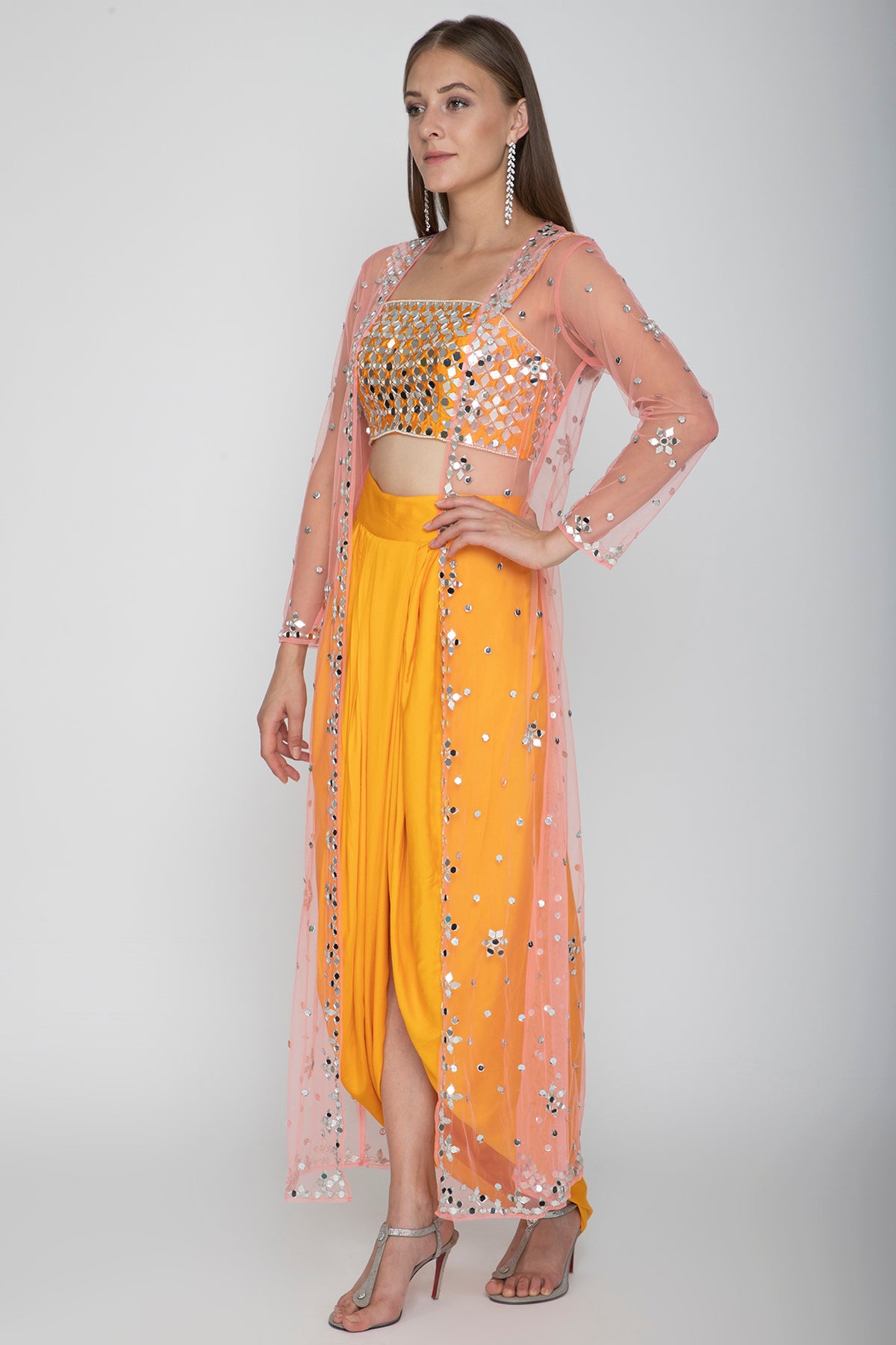 Orange Embroidered Blouse With Dhoti Skirt & Blush Pink Cape