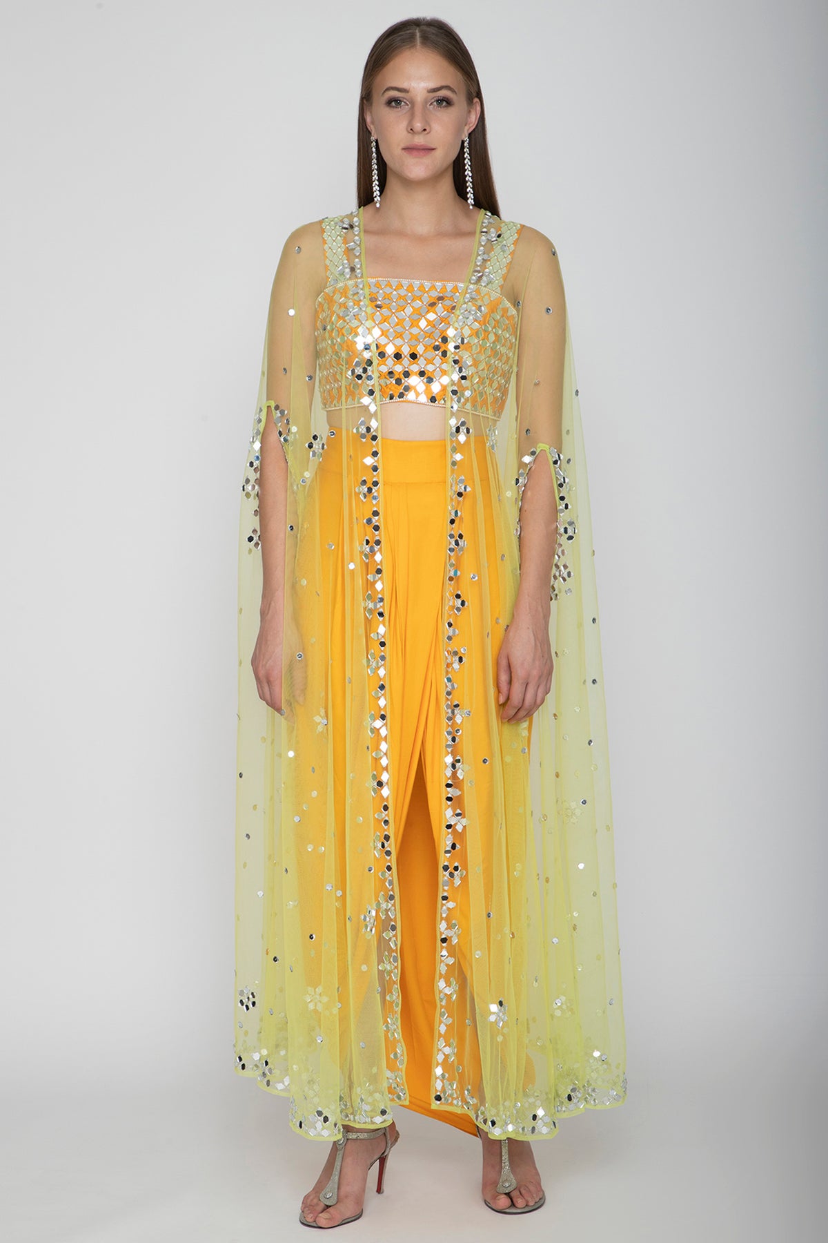 Mango Yellow Embroidered Blouse With Dhoti Skirt & Lime Yellow Cape