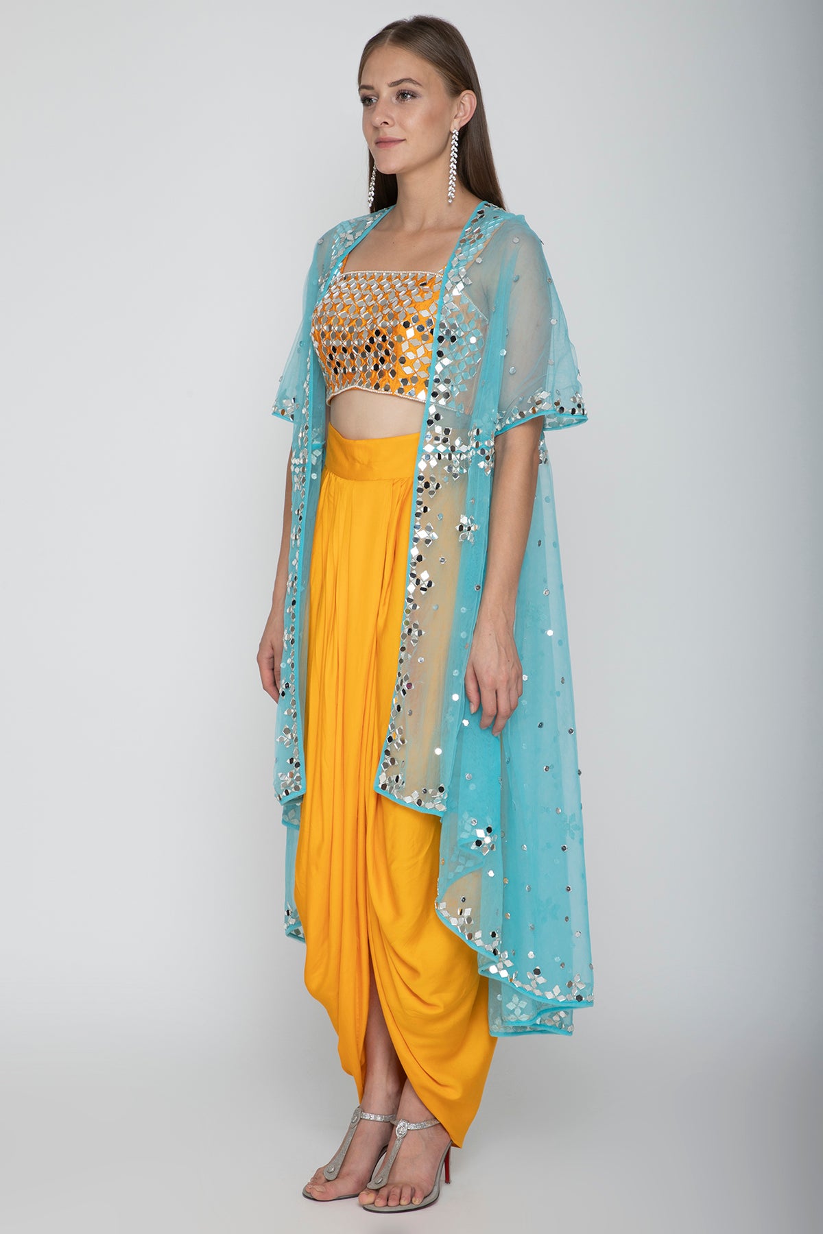 Mango Yellow Embroidered Blouse With Dhoti Skirt & Sky Blue Cape