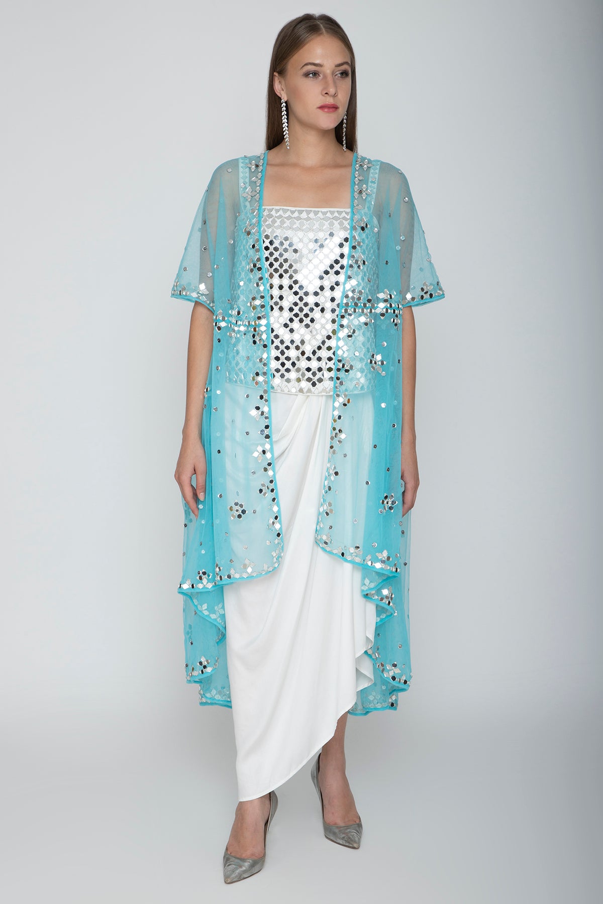 White Embroidered Blouse With Dhoti Skirt & Sky Blue Cape