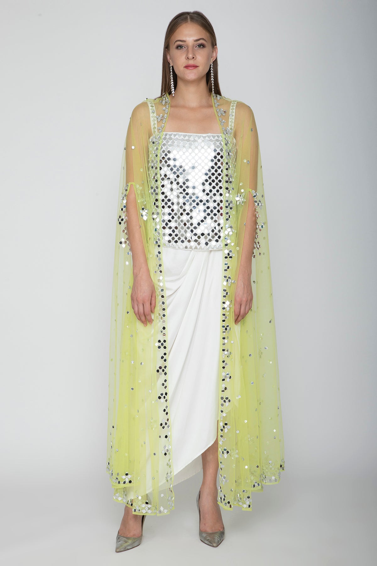 White Embroidered Blouse With Dhoti Skirt & Lime Yellow Cape