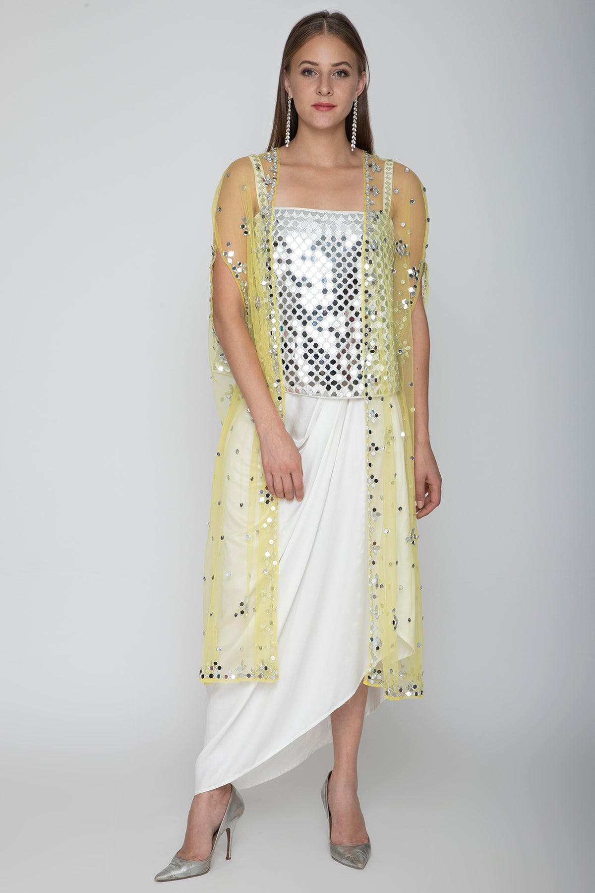 White Embroidered Blouse With Dhoti Skirt & Yellow Cape