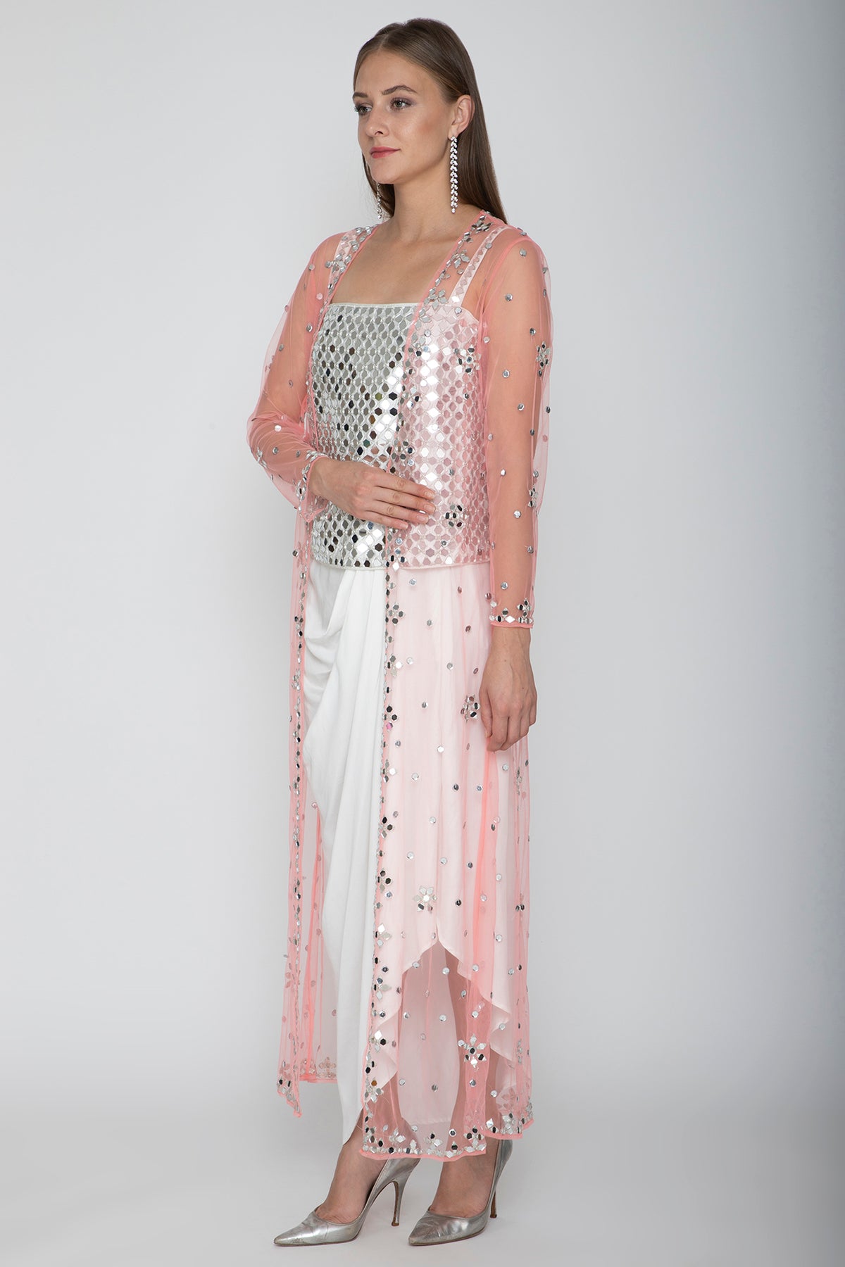 White Embroidered Blouse With Dhoti Skirt & Blush Pink Cape