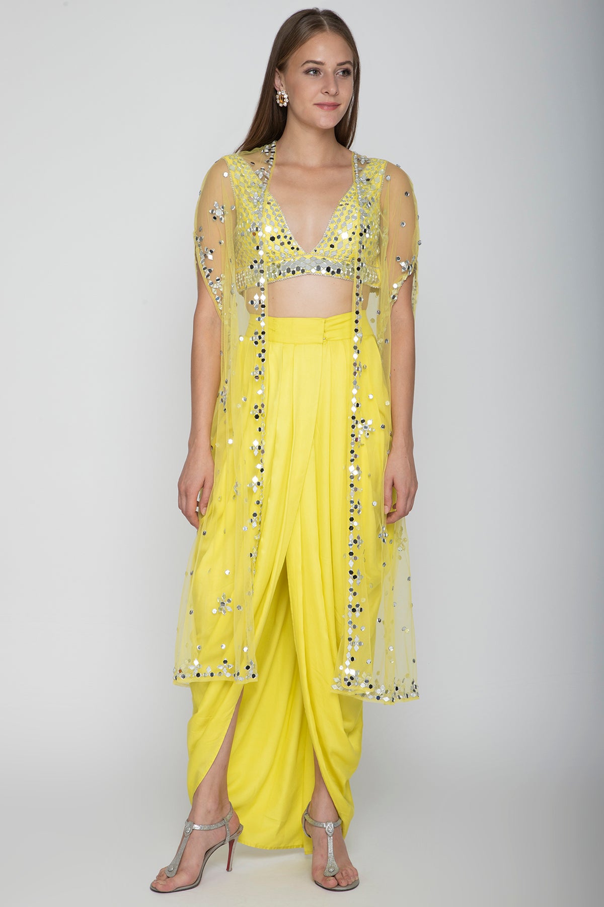 Yellow Embroidered Blouse With Dhoti Skirt & Cape