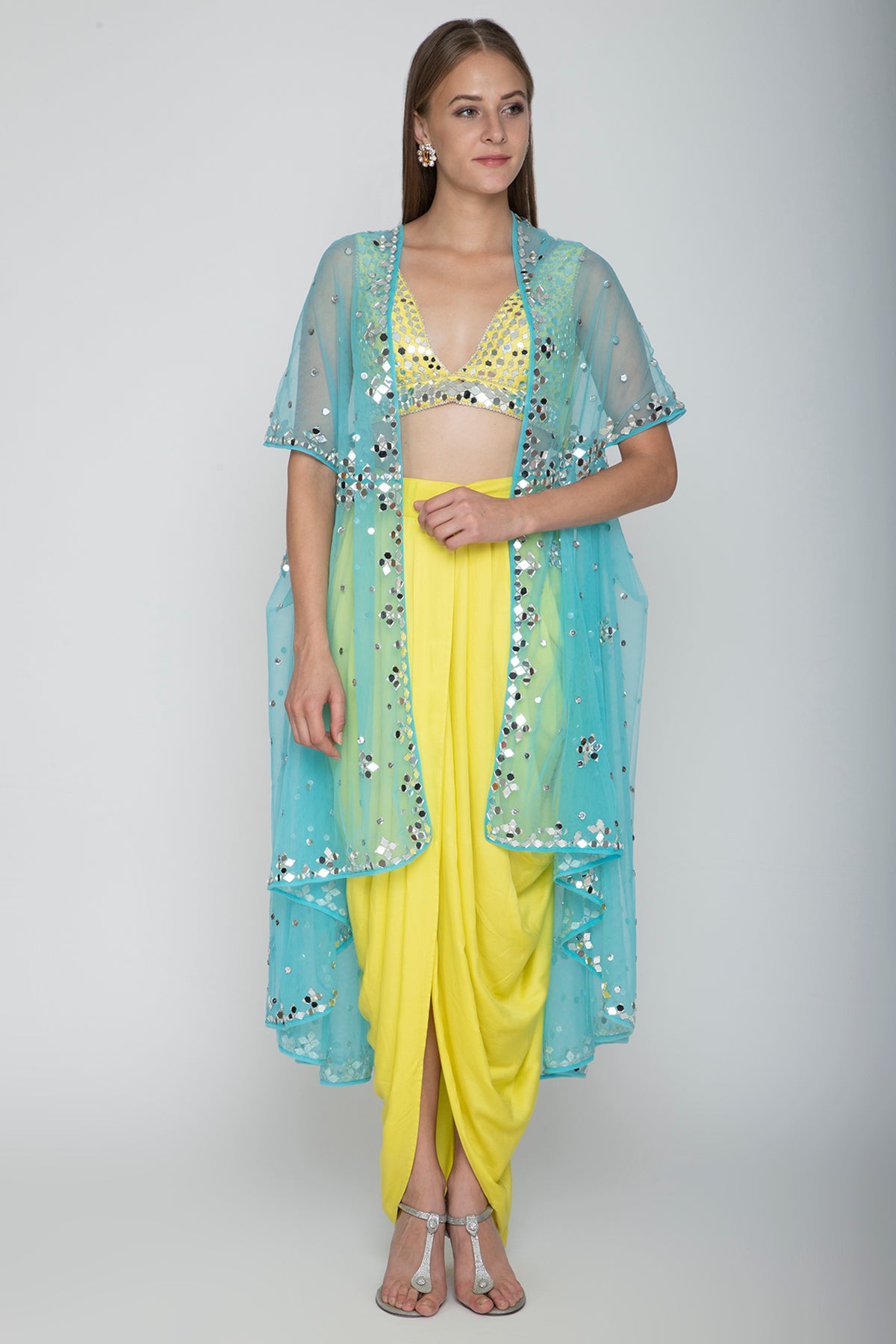 Yellow Embroidered Blouse With Dhoti Skirt & Sky Blue Cape
