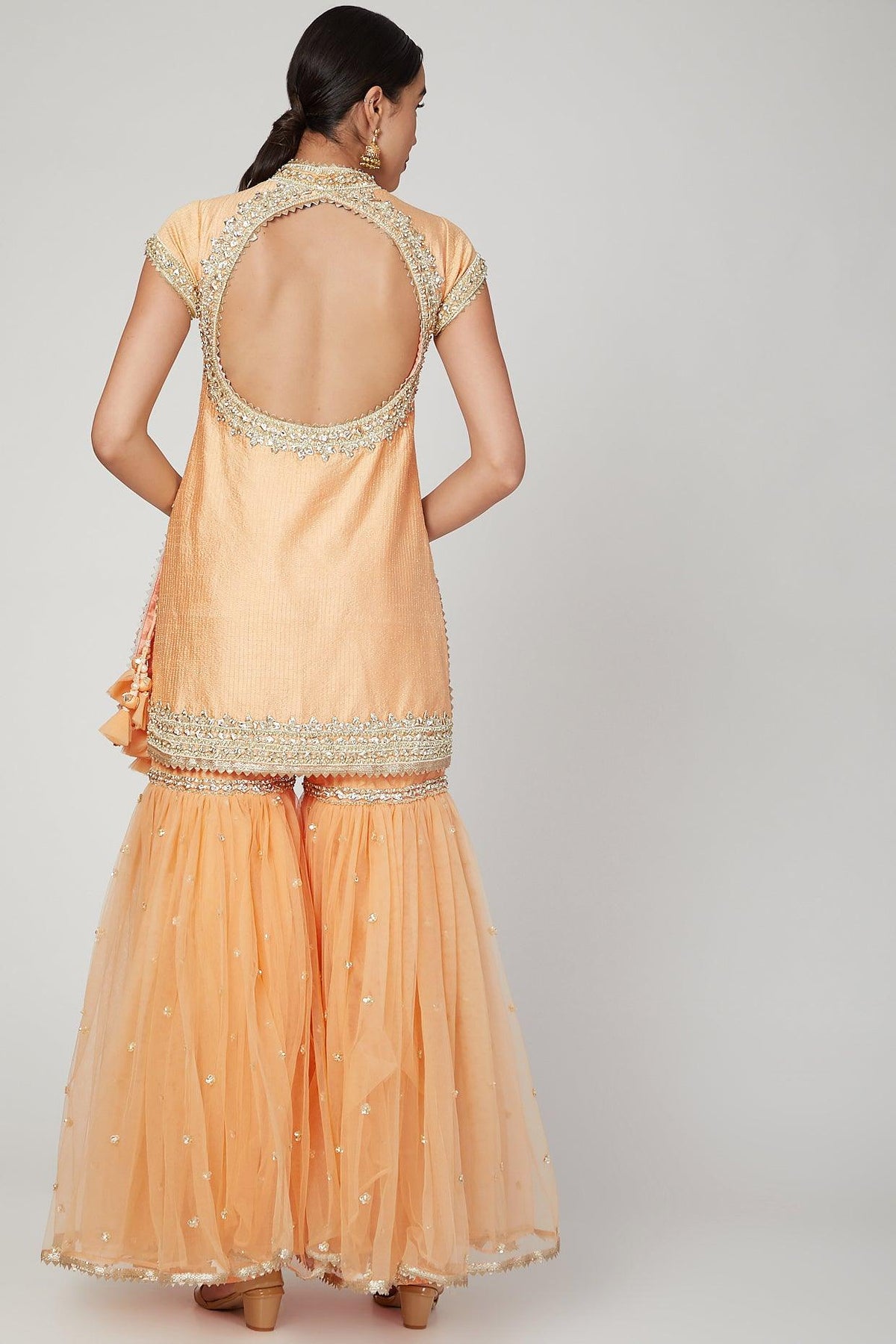 Peach Embroidered & Embellished Gharara Set - Preeti s kapoor