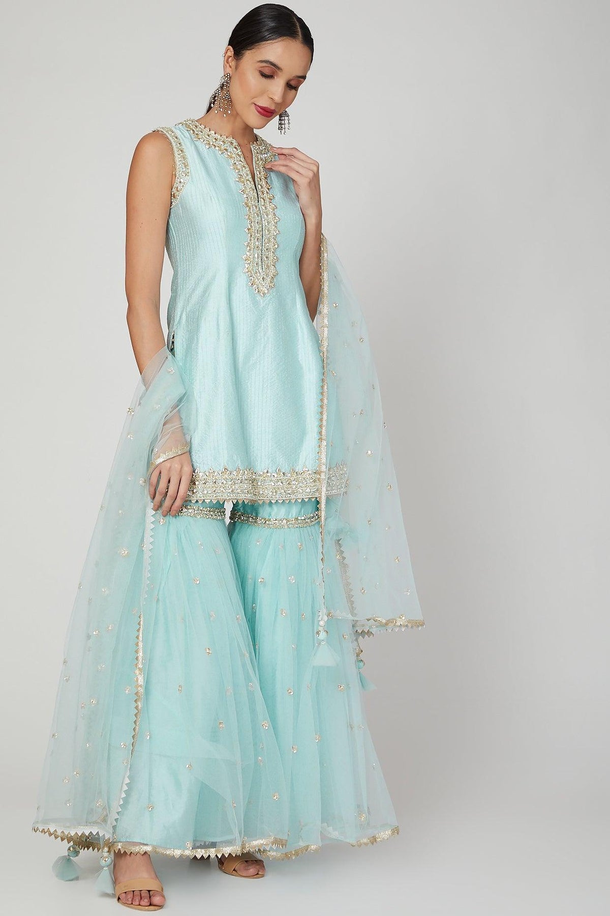 Sky Blue Gota & Pearl Embroidered Gharara Set - Preeti s kapoor