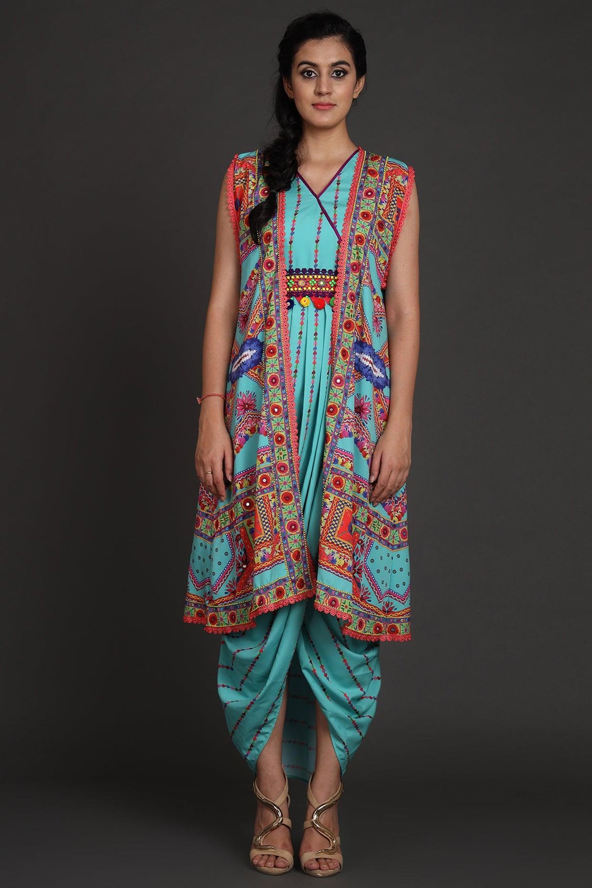 Turquoise Printed & Embroidered Jacket Set With Belt