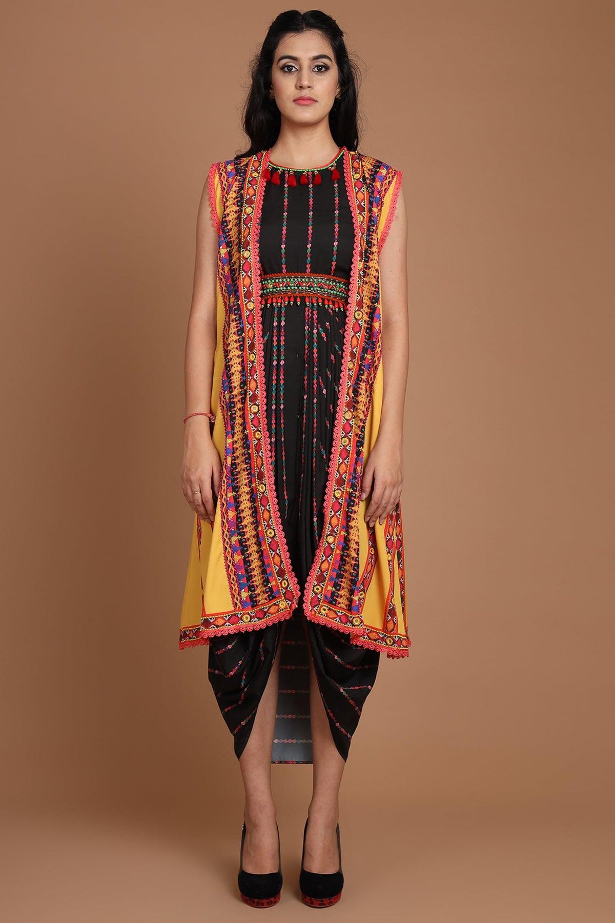 Black & Yellow Printed Jacket Set With Belt - Preeti s kapoor