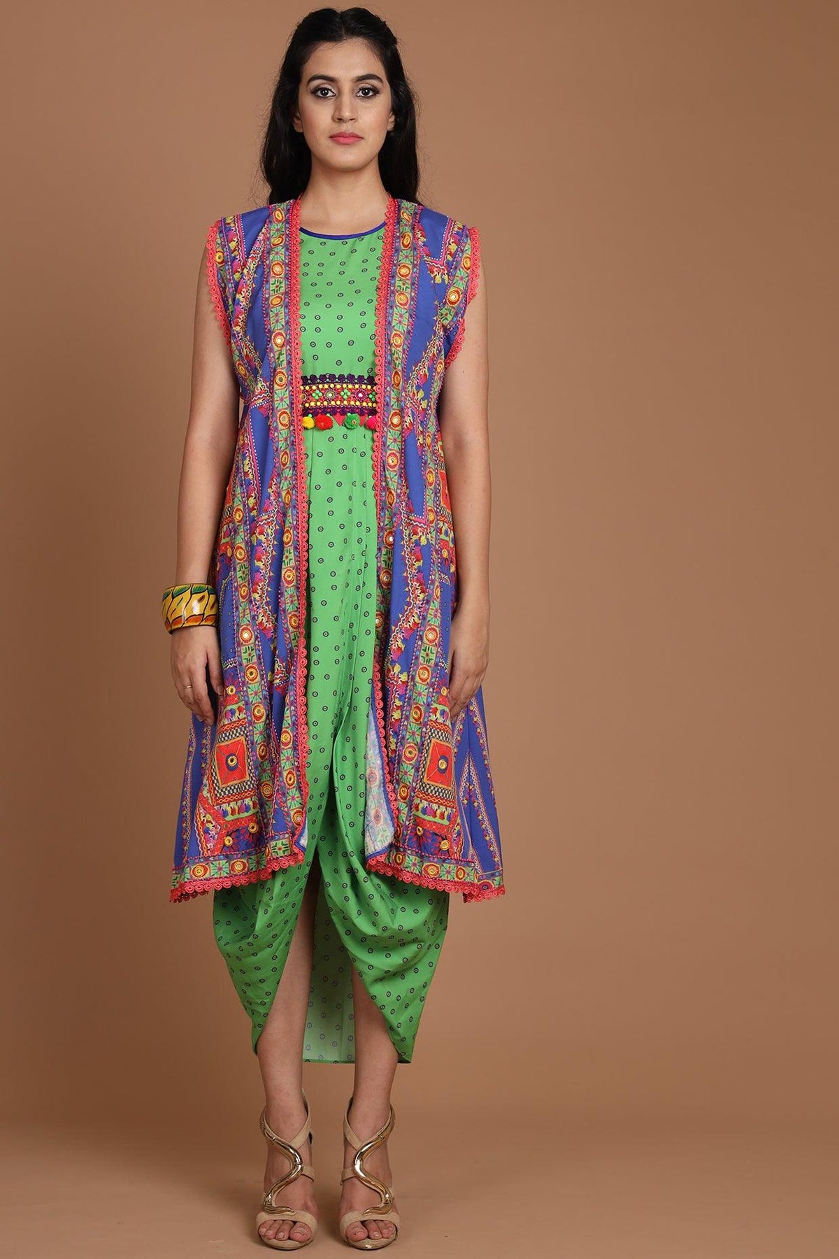 Cobalt Blue & Green Embroidered Jacket Set With Belt