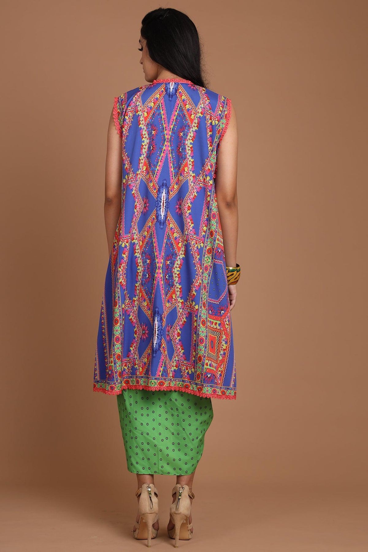 Cobalt Blue & Green Embroidered Jacket Set With Belt - Preeti s kapoor