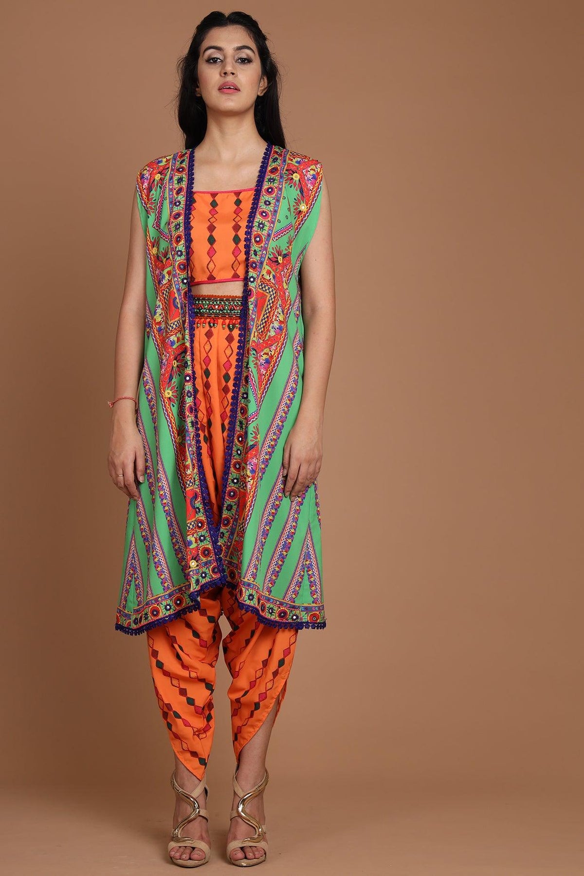 Green & Orange Embroidered Jacket Set With Belt