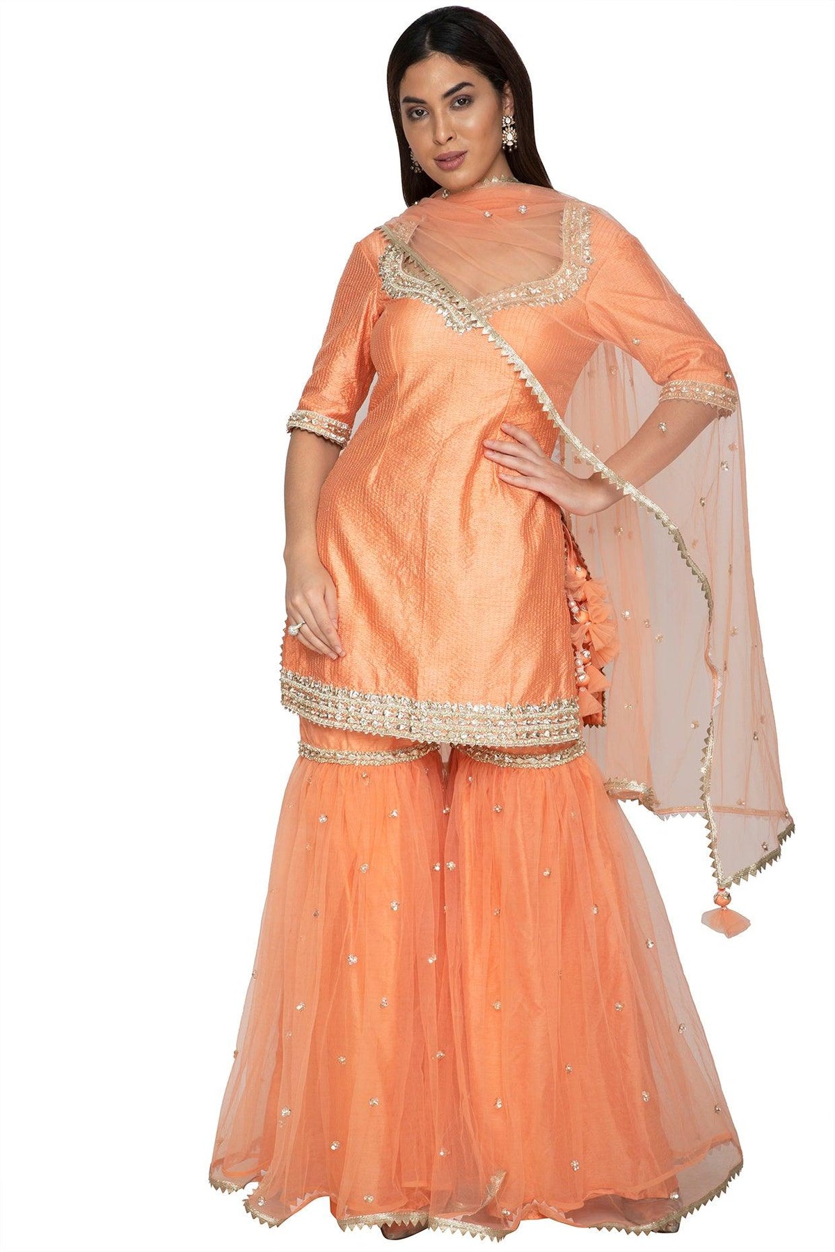 Light Orange Embroidered Gharara Set - Preeti s kapoor