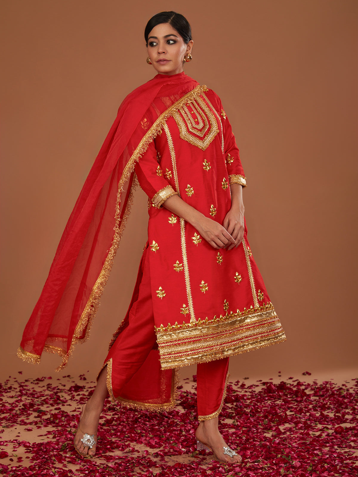 RED LONG KURTA WITH TAPERED SIDE CUT PANT AND DUPATTA