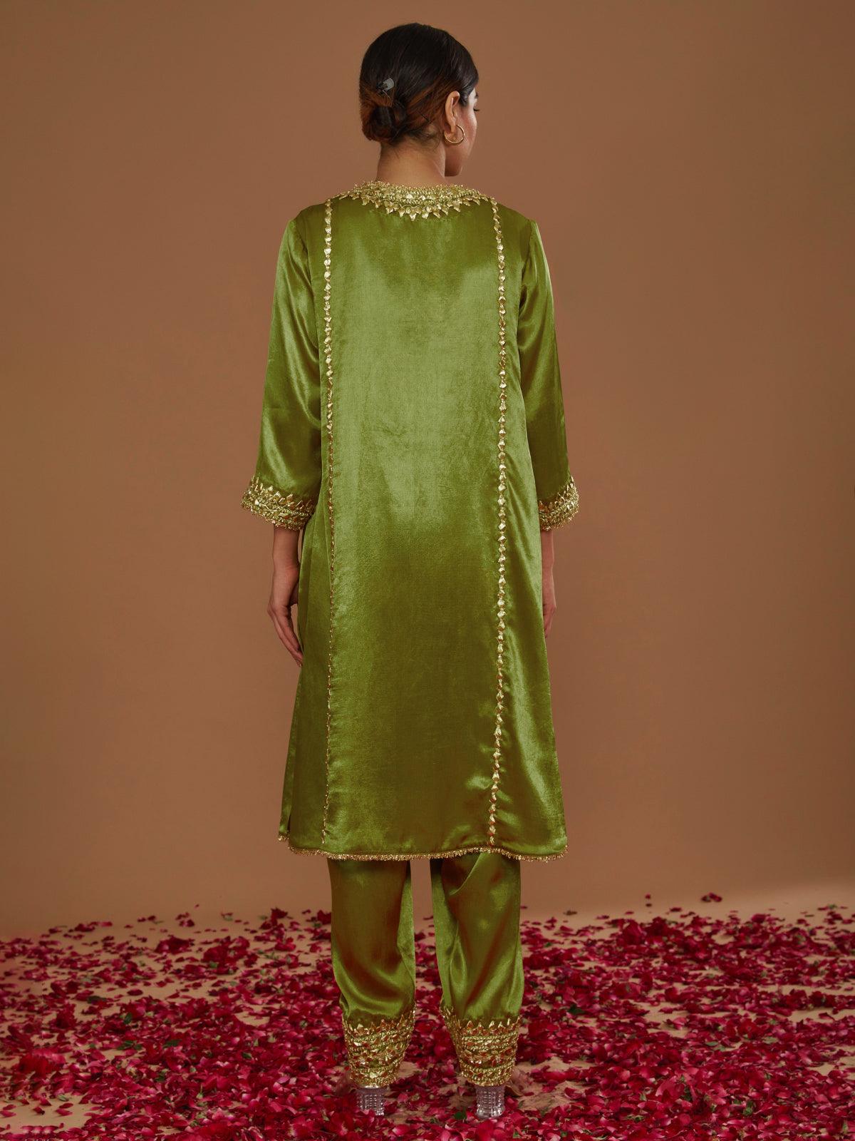 Olive Green Mashru Silk Hand Embellished Kurta Set - Preeti s kapoor