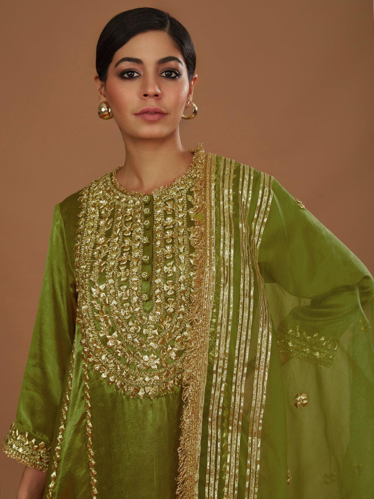 Olive Green Mashru Silk Hand Embellished Kurta Set - Preeti s kapoor