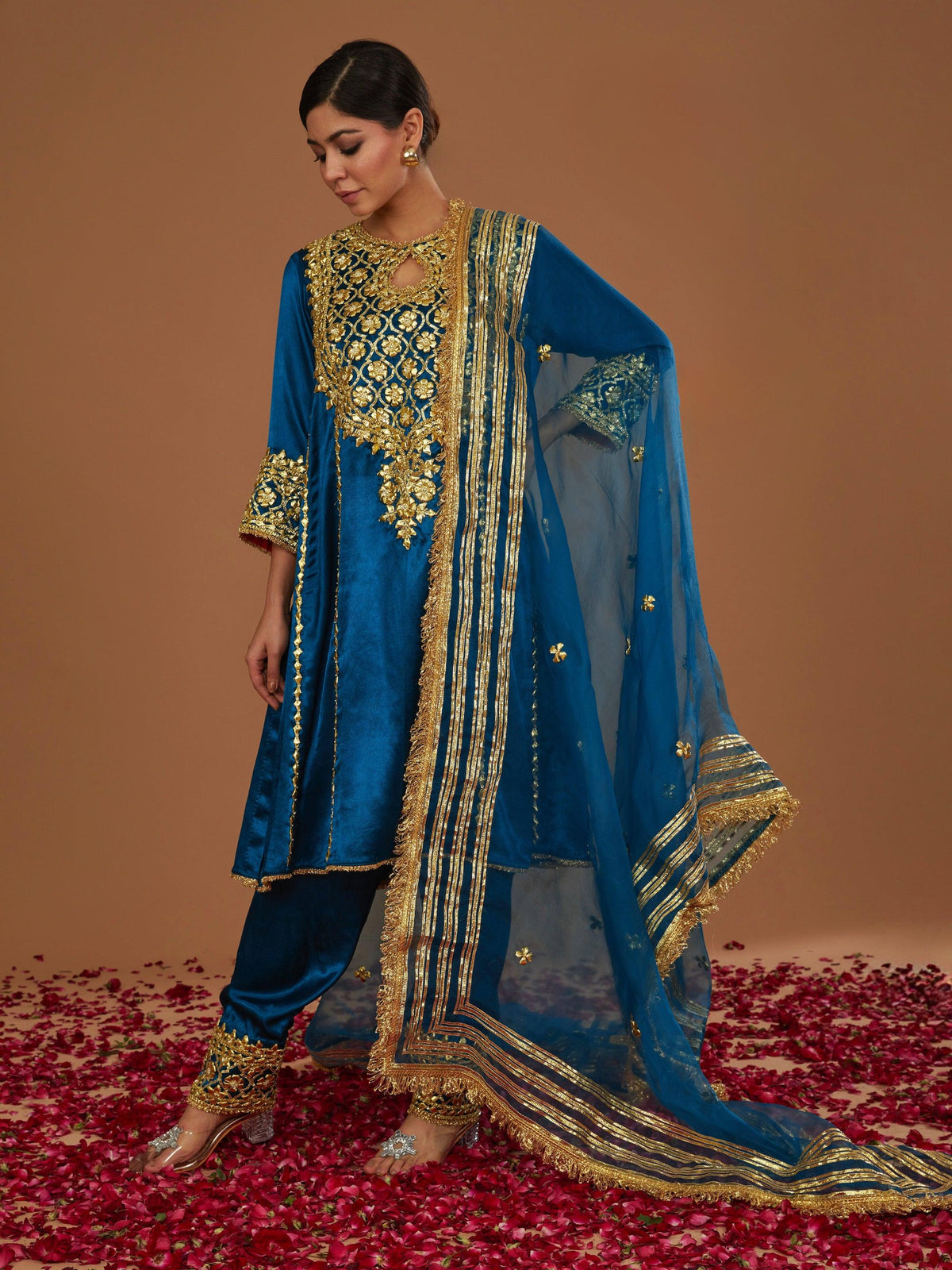 Teal blue mashru silk Hand Embellished Kurta Set