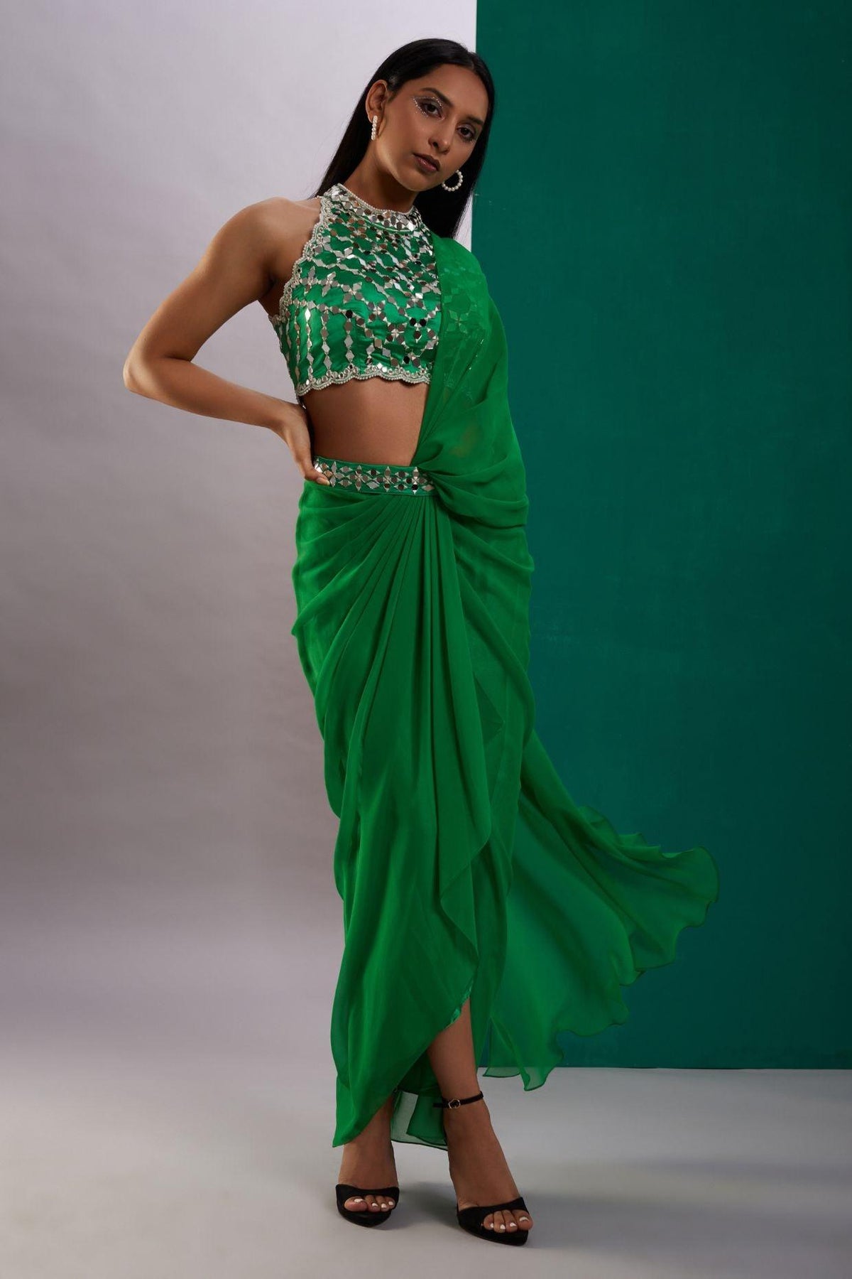 Green Mirror Drape Saree