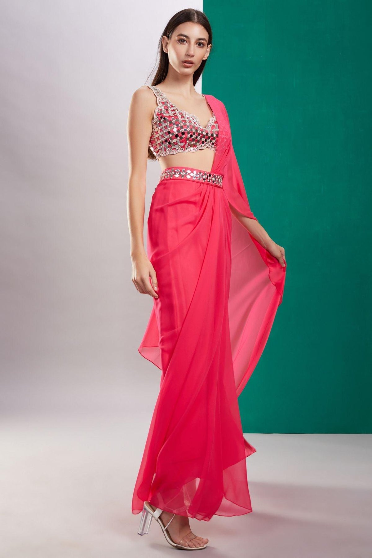 Pink Mirror Drape Saree