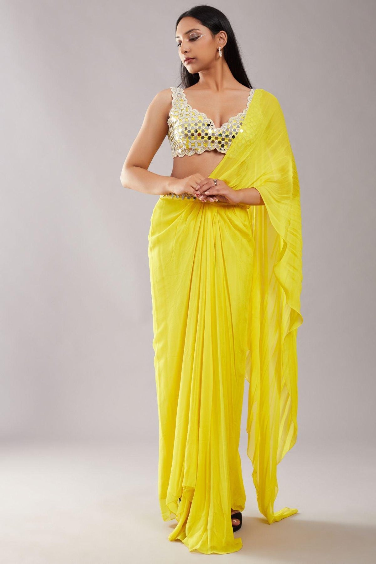 Yellow Mirror Drape Saree