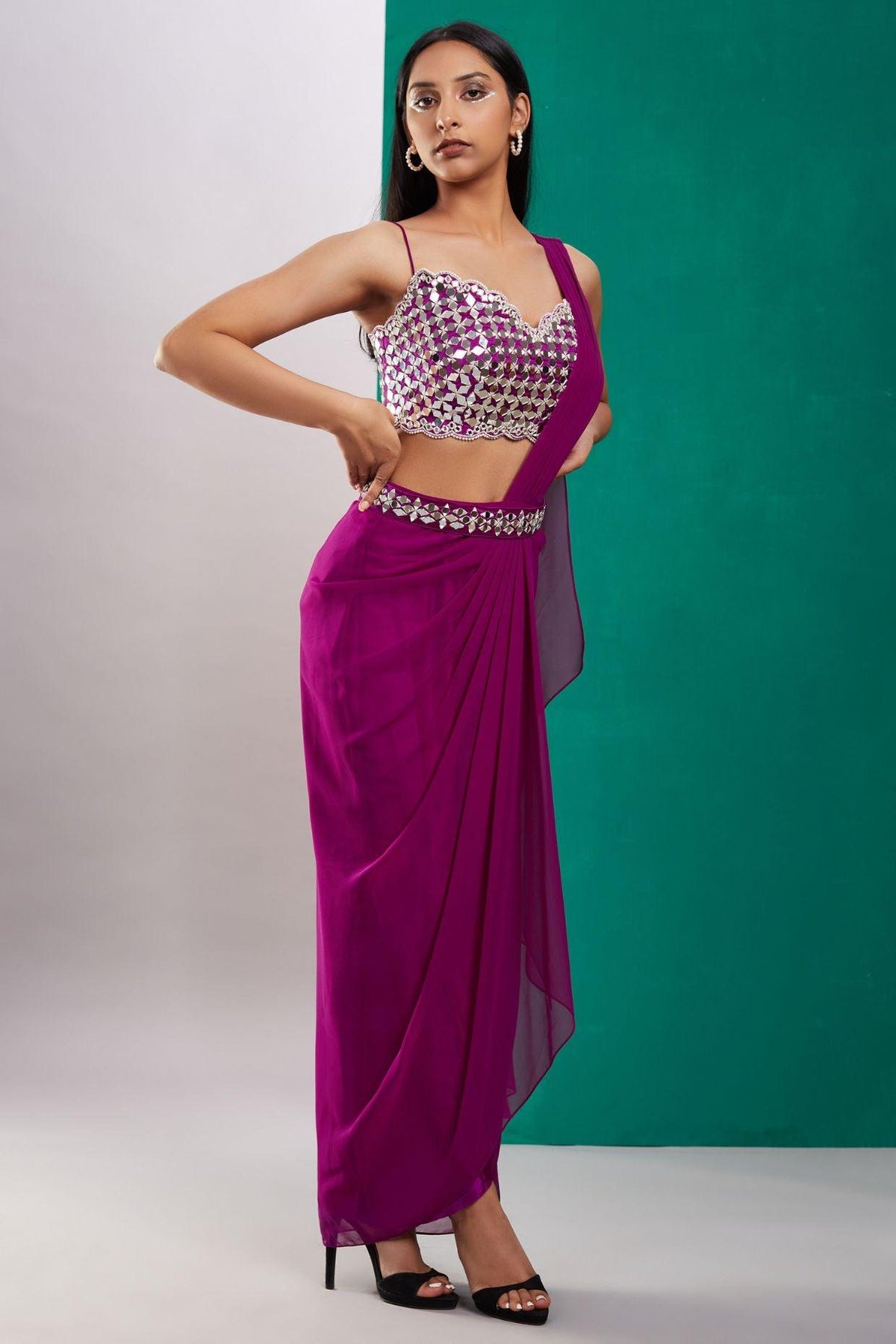 Wine Purple Mirror Drape Saree