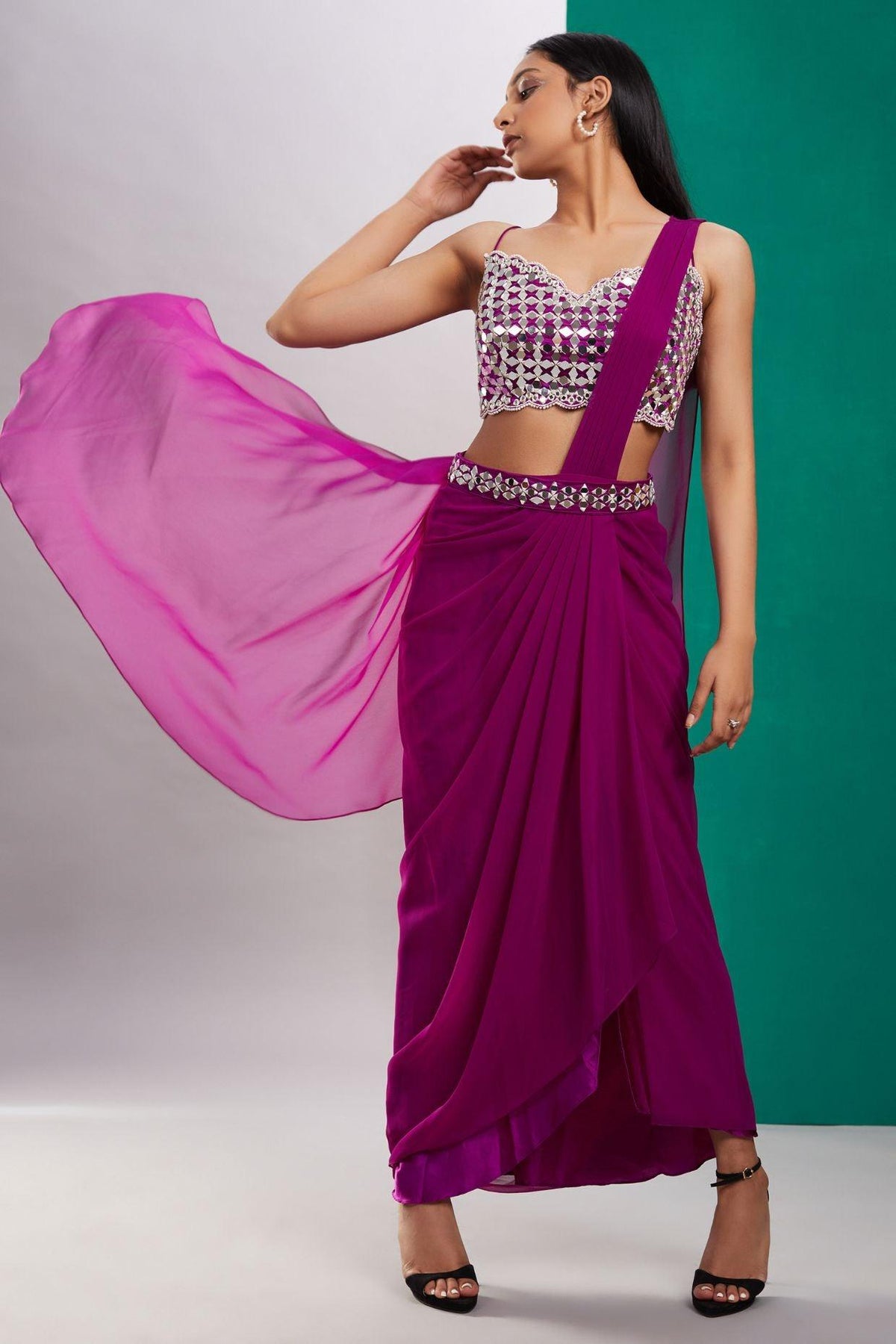 Wine Purple Mirror Drape Saree - Preeti s kapoor