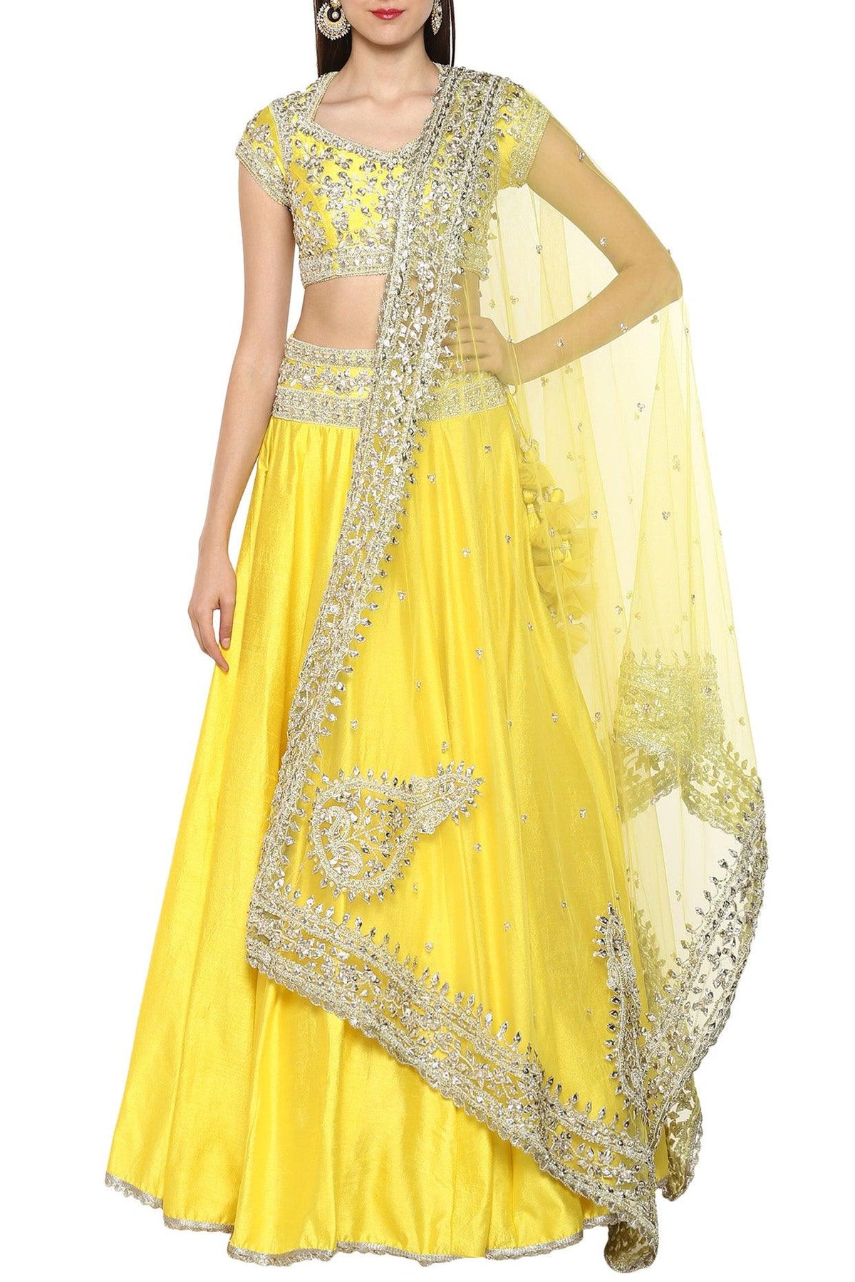 Bright Yellow Handcrafted Embroidered Lehenga Set