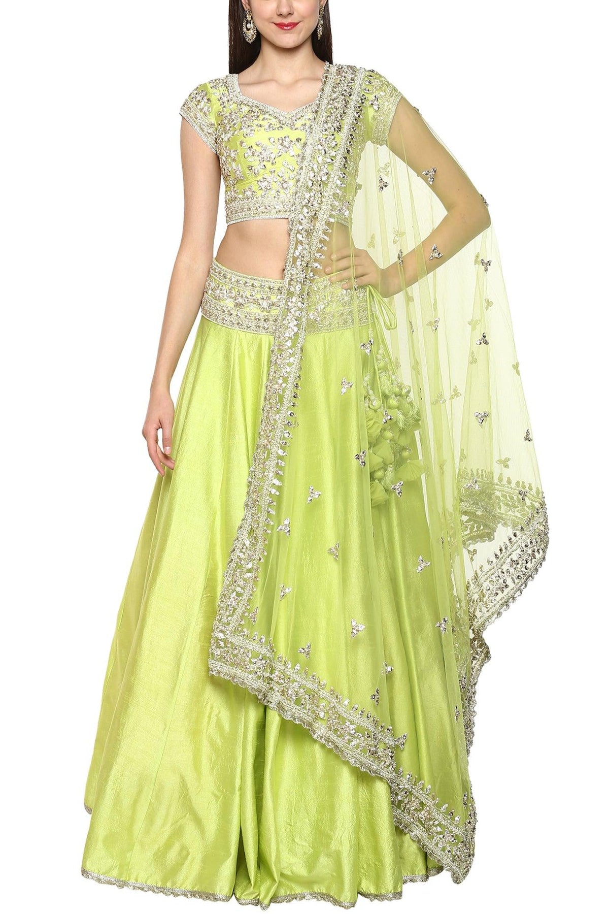 Green Handcrafted Embroidered Lehenga Set