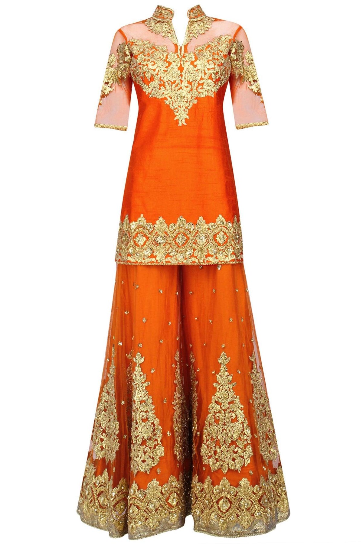 Orange And Gold Embroidered Sharara Set