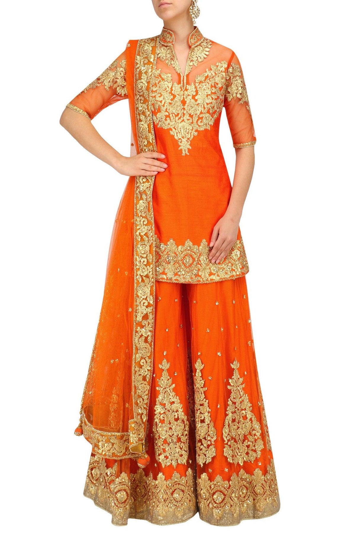 Orange And Gold Embroidered Sharara Set - Preeti s kapoor