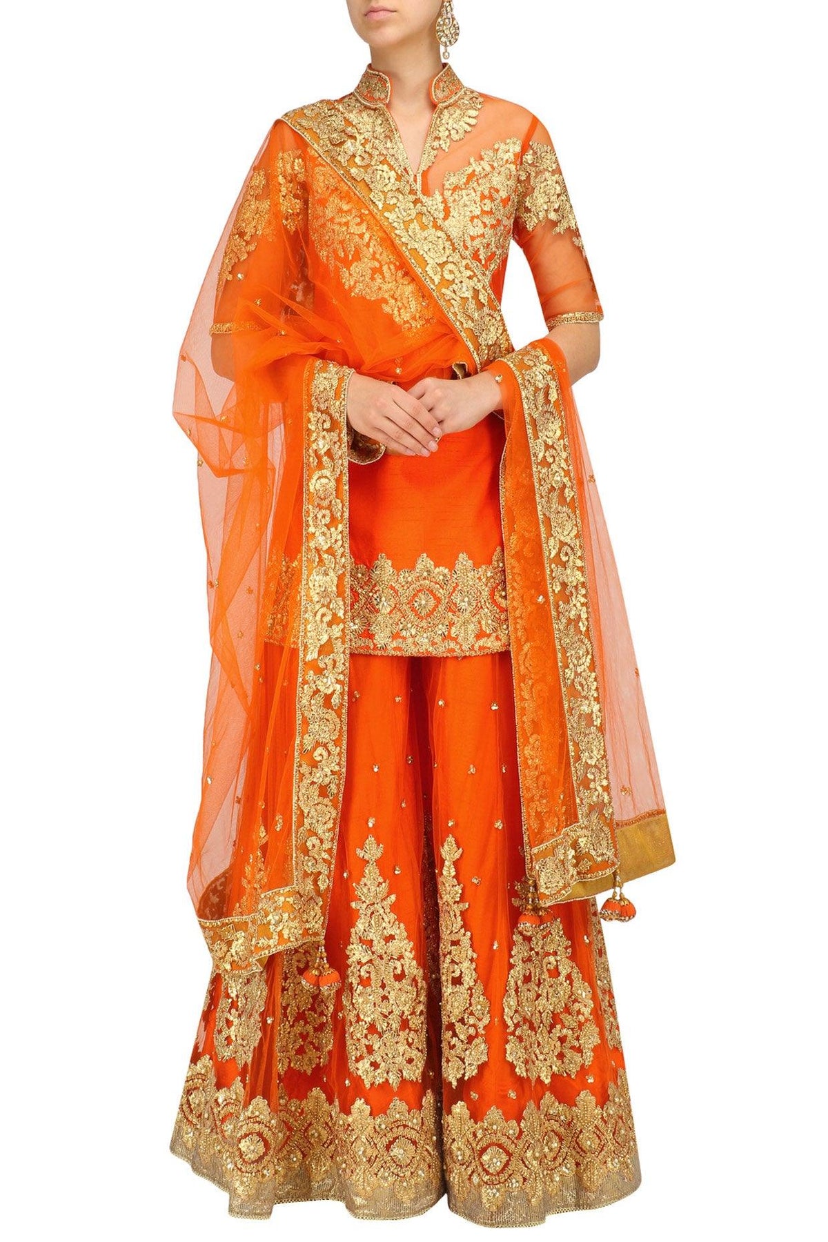 Orange And Gold Embroidered Sharara Set - Preeti s kapoor