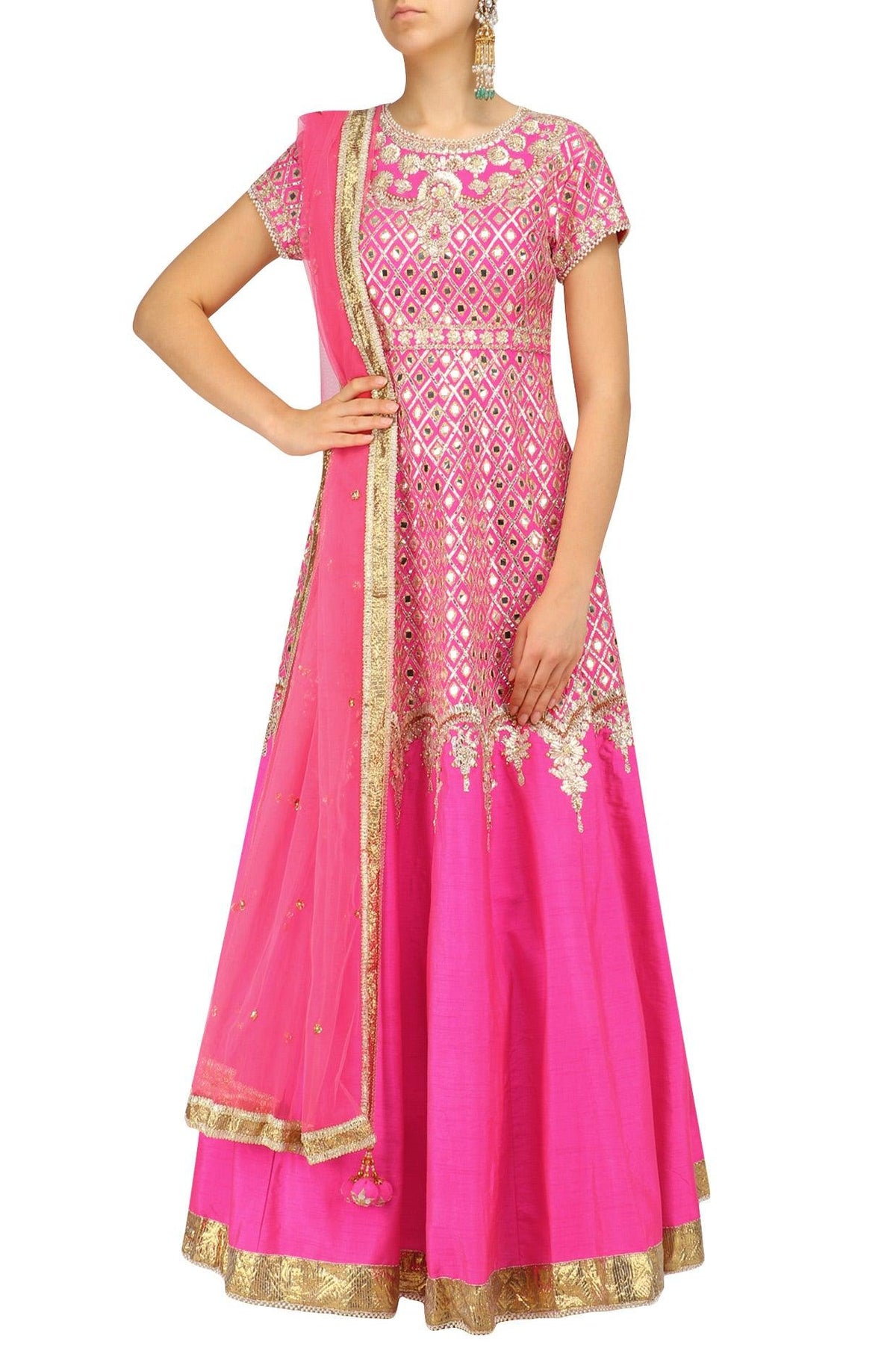 Fuchsia Pink And Gold Anarkali Set - Preeti s kapoor