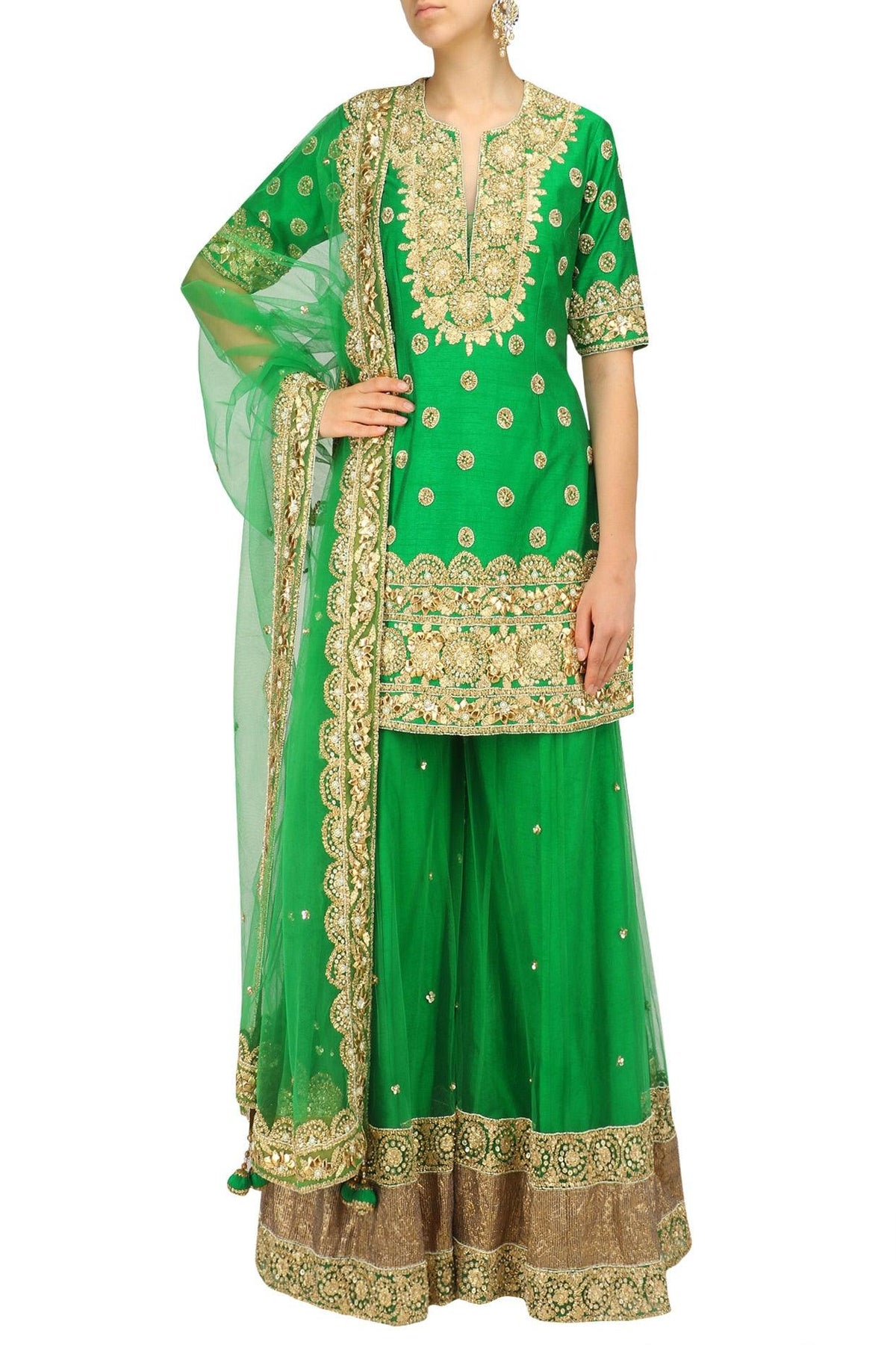 Green And Gold Embroidered Sharara Set