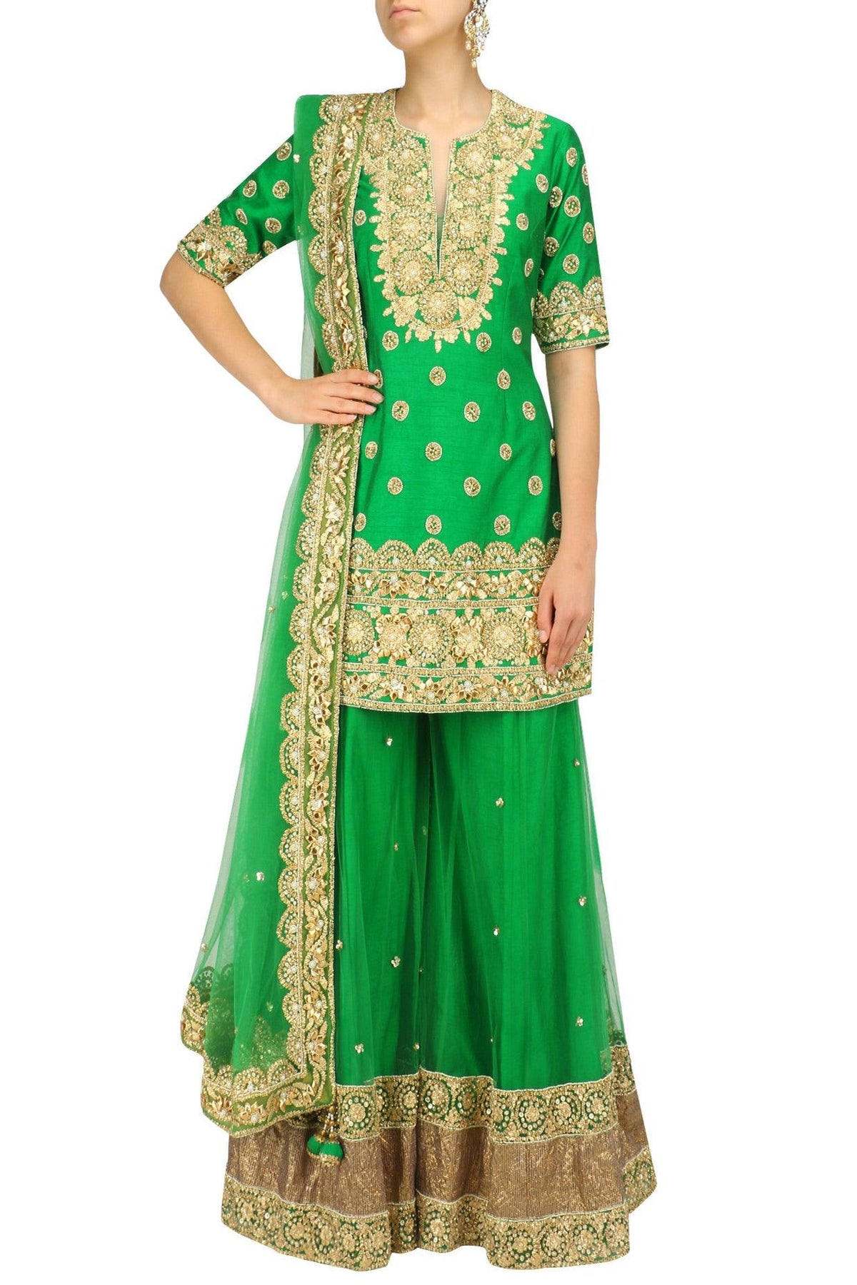 Green And Gold Embroidered Sharara Set - Preeti s kapoor