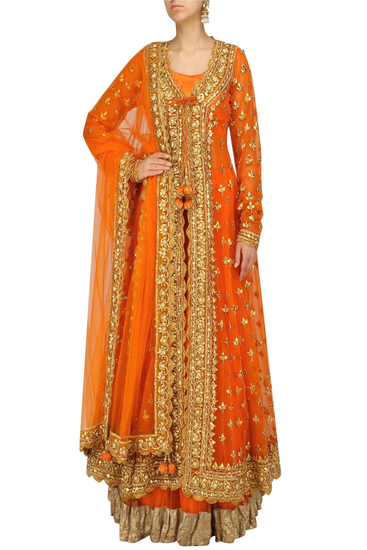 Orange Pearl Studded Scalloped Hem Jacket, Blouse And Lehenga Set